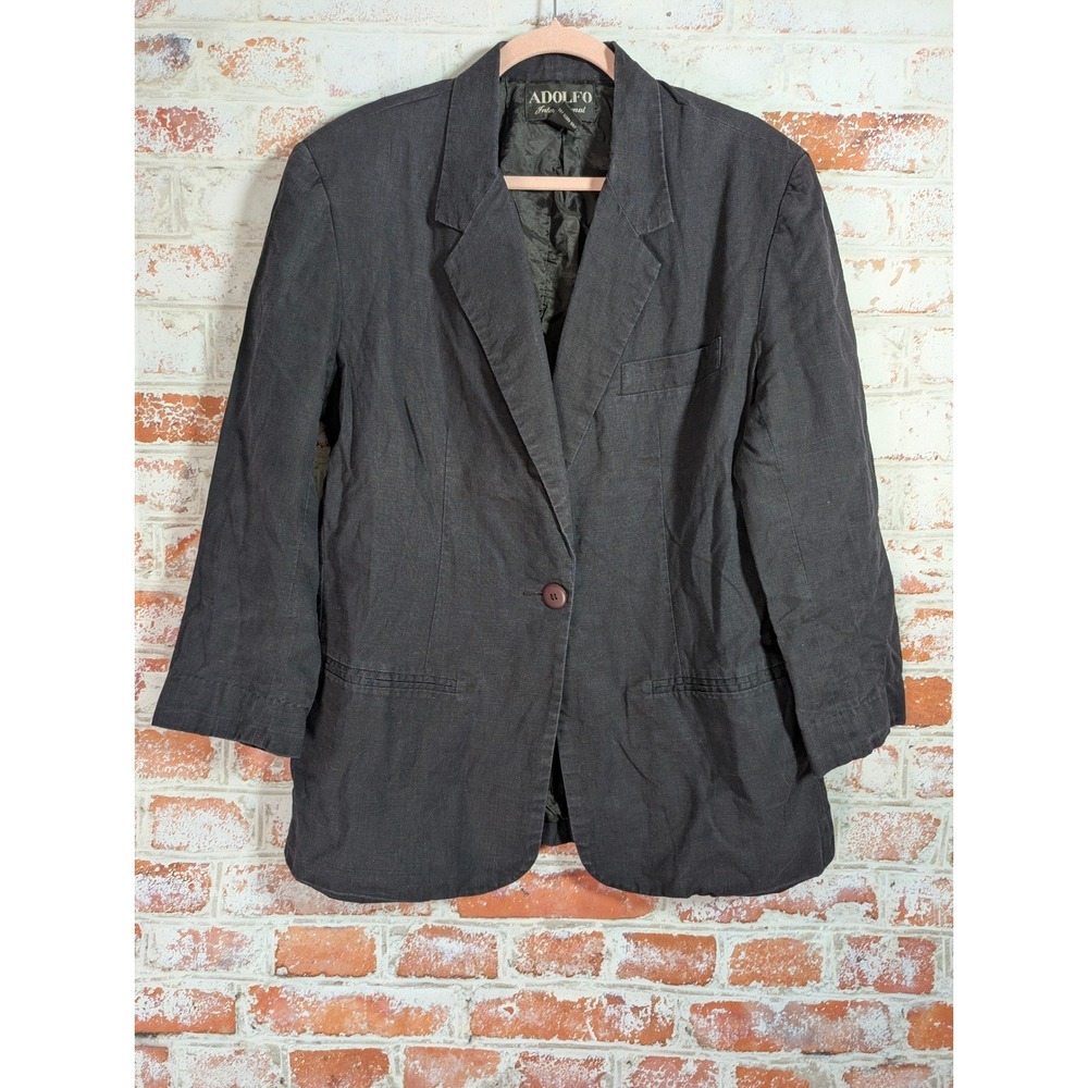 Adolfo International Blazer Women 12 Grey Linen Blend Single Button Professional